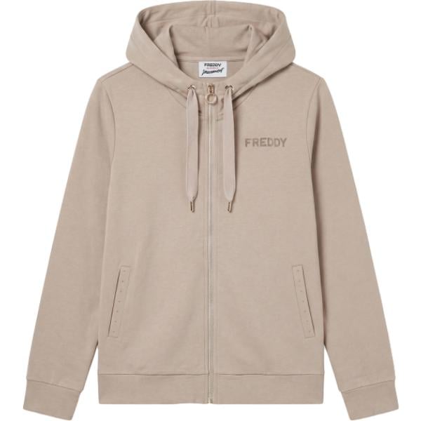 Felpa con cappuccio da donna in bianco avorio con borchie collo con cappuccio con zip in plush Freddy