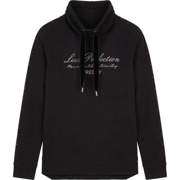 Felpa da donna forma asimmetrica in nero pece con stampe con borchie collo alto lungo con coulisse Freddy