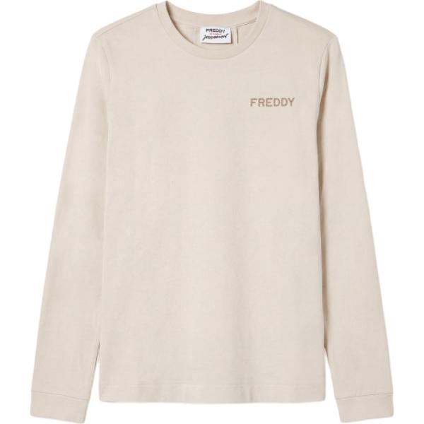 Felpa da donna in bianco avorio con borchie girocollo con spacco Freddy
