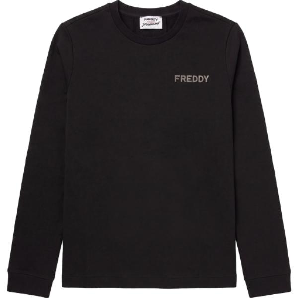 Felpa da donna in nero pece con borchie girocollo con spacco Freddy