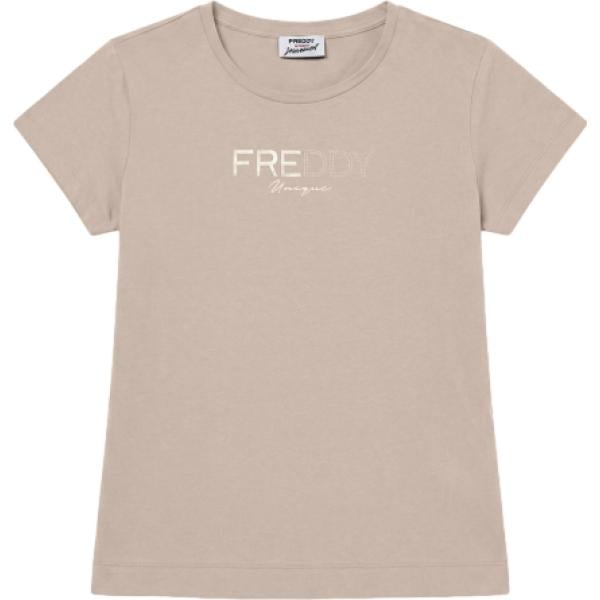 T-shirt da donna in viola chiaro con stampe con borchie con scollo maxi a maniche corte Freddy
