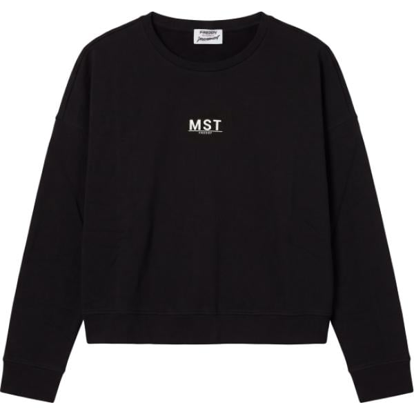 Felpa da donna oversize in nero pece con stampe girocollo cropped a maniche lunghe Freddy