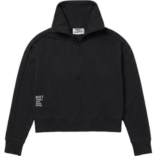 Felpa con cappuccio da donna in nero pece con stampe collo con cappuccio senza tasche a maniche lunghe con zip Freddy