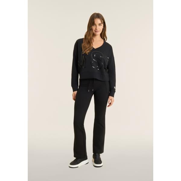 Felpa sportiva da donna in nero pece con stampe collo a v maxi a maniche lunghe Freddy