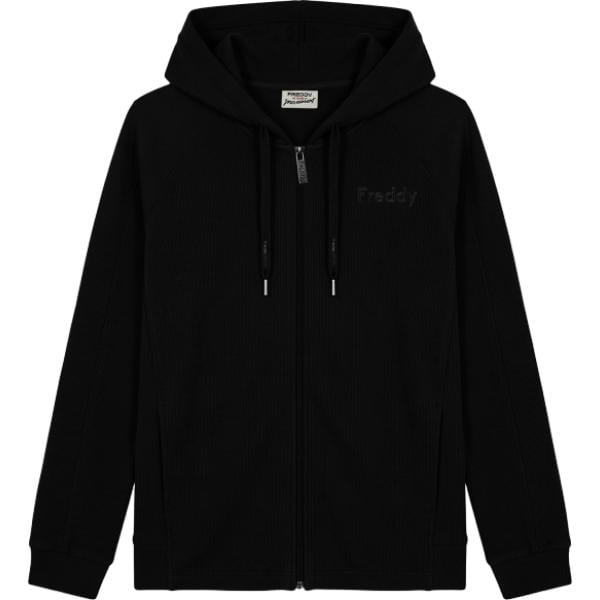 Felpa con cappuccio da donna in nero pece geometrica collo con cappuccio maxi a maniche lunghe con zip Freddy Freddy