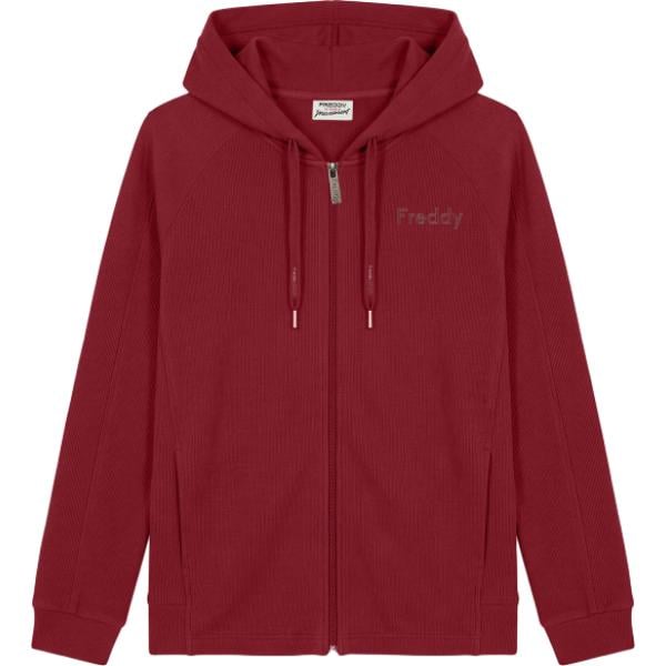 Felpa con cappuccio da donna in bordeaux geometrica collo con cappuccio maxi a maniche lunghe con zip Freddy