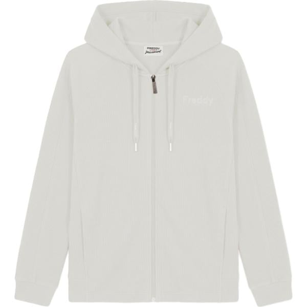 Felpa con cappuccio da donna in bianco avorio geometrica collo con cappuccio maxi a maniche lunghe con zip Freddy
