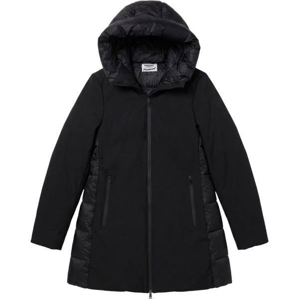 Piumino da donna in nero pece con strass collo con cappuccio Freddy
