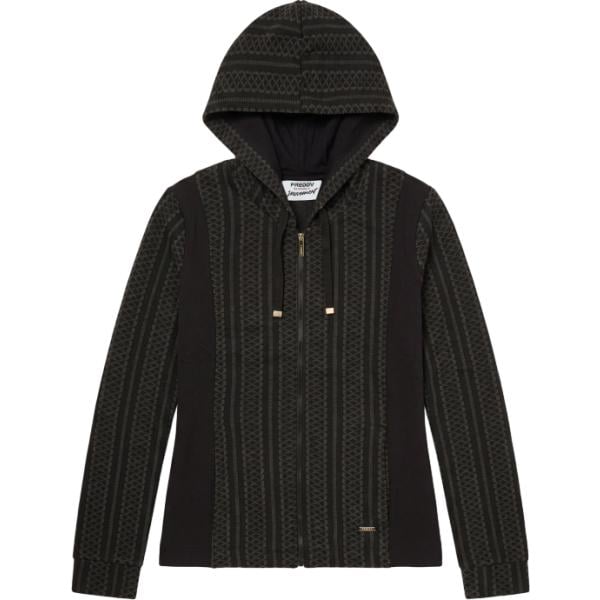 Felpa con cappuccio da donna in nero pece geometrica collo con cappuccio con zip in plush Freddy