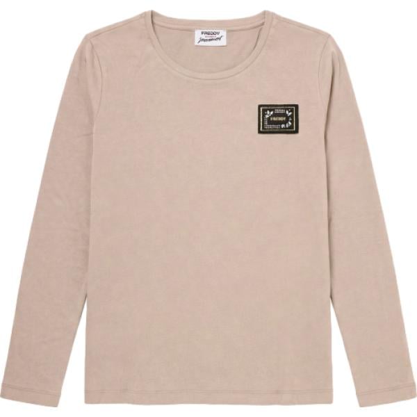 T-shirt da donna in beige sabbia con strass a maniche lunghe in cotone Freddy Freddy