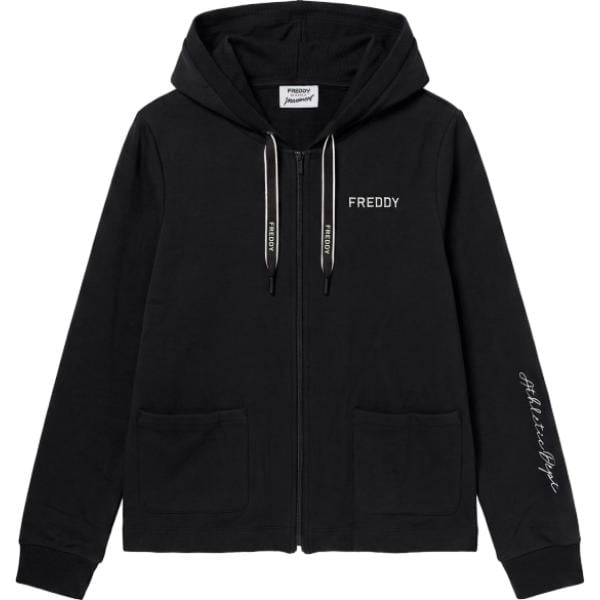 Felpa con cappuccio da donna in nero pece a righe collo con cappuccio a maniche lunghe con zip Freddy