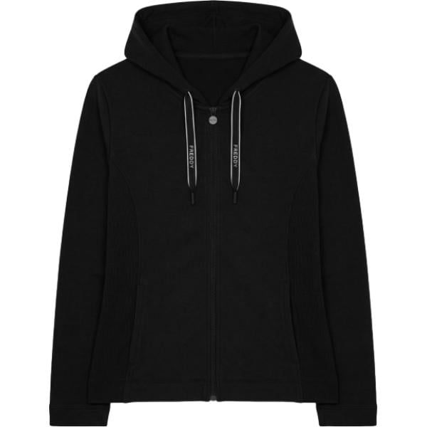 Felpa con cappuccio da donna in nero pece a righe collo con cappuccio con lacci in cotone Freddy