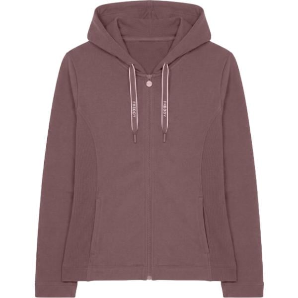 Felpa con cappuccio da donna in marrone scuro a righe collo con cappuccio con lacci in cotone Freddy