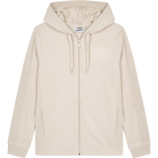 Felpa con cappuccio da donna in bianco avorio a righe collo con cappuccio a maniche lunghe con zip in cotone Freddy