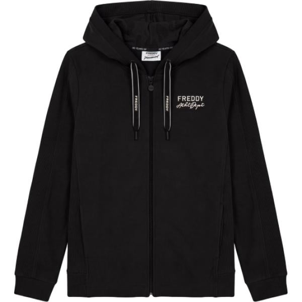 Felpa con cappuccio da donna in nero pece a righe collo con cappuccio a maniche lunghe con zip in cotone Freddy