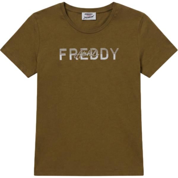 T-shirt da donna in marrone scuro a righe con scollo a maniche corte in cotone Freddy