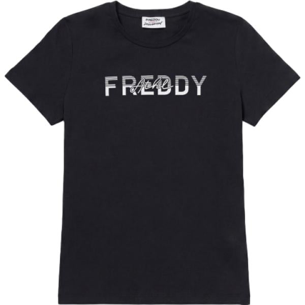 T-shirt da donna in nero pece a righe con scollo a maniche corte in cotone Freddy