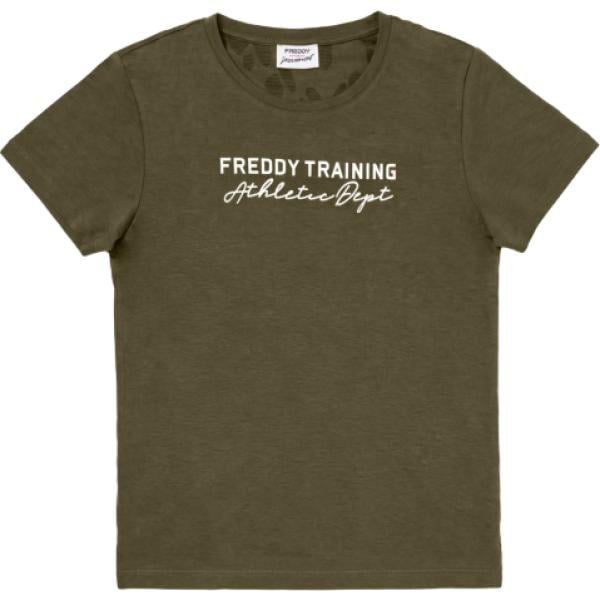 T-shirt da donna in verde oliva con stampe con scollo con spacco a maniche corte Freddy Freddy