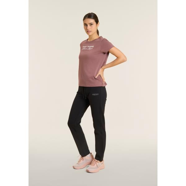 T-shirt sportiva da donna in rosa scuro con stampe con scollo con spacco a maniche corte Freddy
