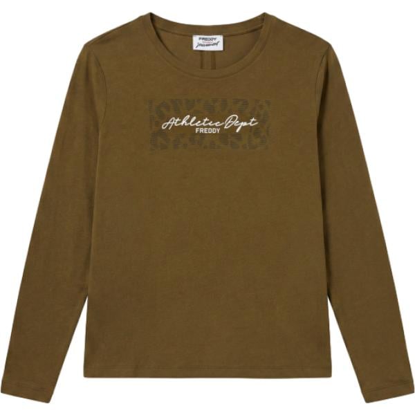 T-shirt da donna in verde oliva con stampe con scollo con spacco a maniche lunghe Freddy