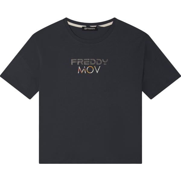 t-shirt da donna in blu scuro con stampe effetto laminato con scollo con spacco a maniche corte Freddy