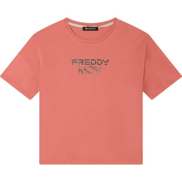 t-shirt da donna in rosa scuro con stampe effetto laminato con scollo con spacco a maniche corte Freddy