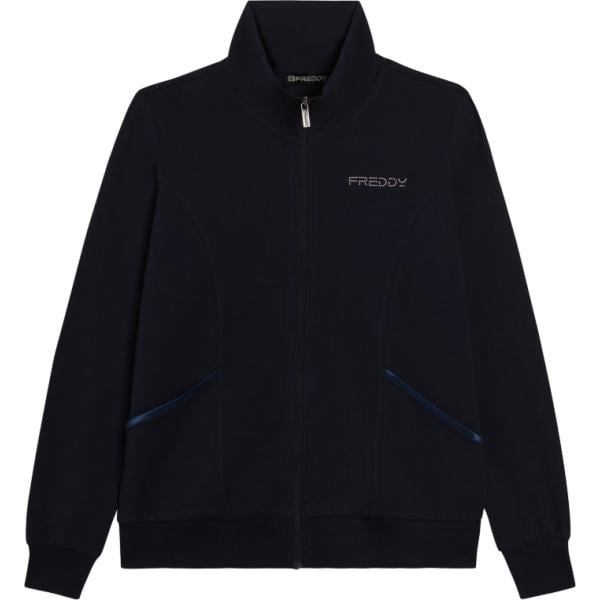 Felpa da donna a fascia in nero pece con perle collo alto con zip Freddy