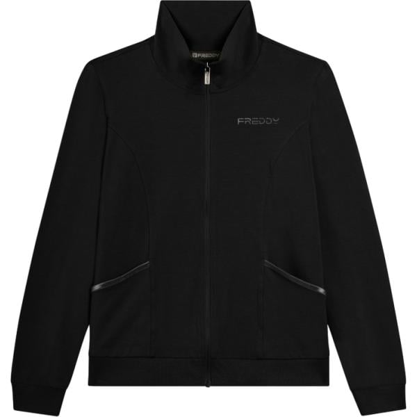 Felpa da donna a fascia in nero pece con perle collo alto con zip Freddy