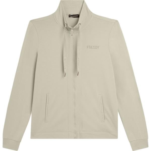 Felpa da donna in grigio chiaro con strass collo alto con spacco a maniche lunghe con zip Freddy
