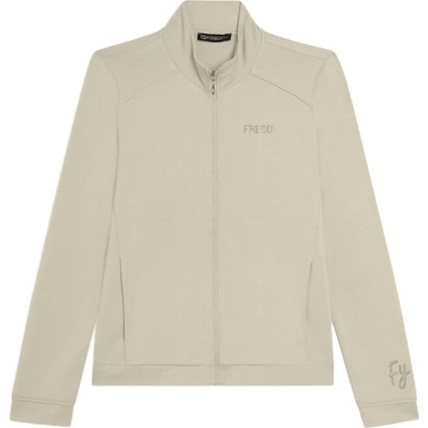 Felpa da donna forma asimmetrica in grigio chiaro con strass collo alto con spacco a maniche lunghe con zip Freddy