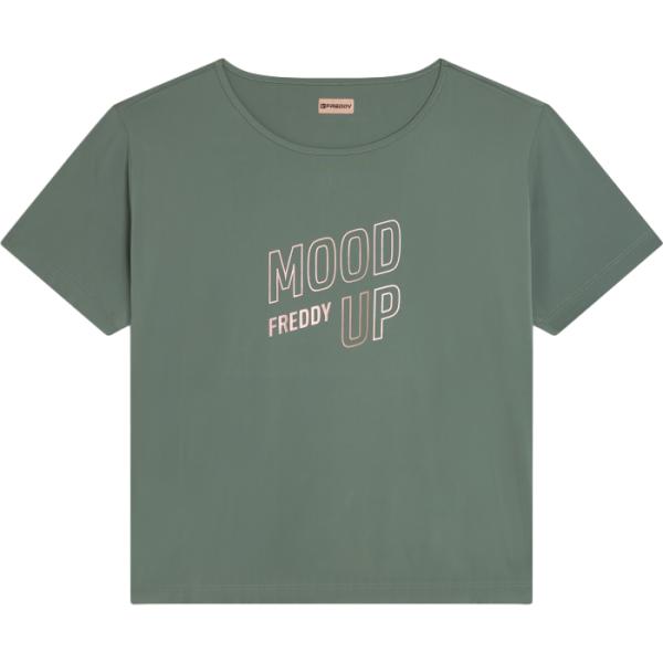 T-shirt da donna in verde oliva con stampe cropped a maniche corte in oro Freddy