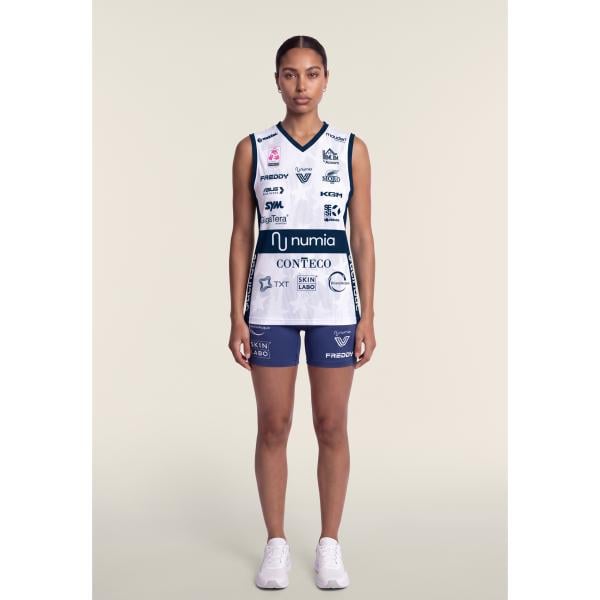 Top sportivo da donna in bianco neve con stampe lavorato a maglia collo a v senza maniche Freddy