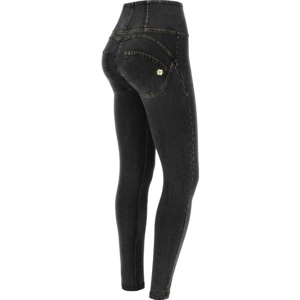 jeggings da donna in nero pece modellante a vita alta con zip in denim Freddy