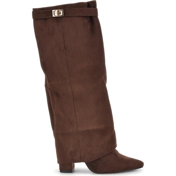 Stivali da donna in marrone scuro effetto scamosciato con tacco zeppa con fibbia The First