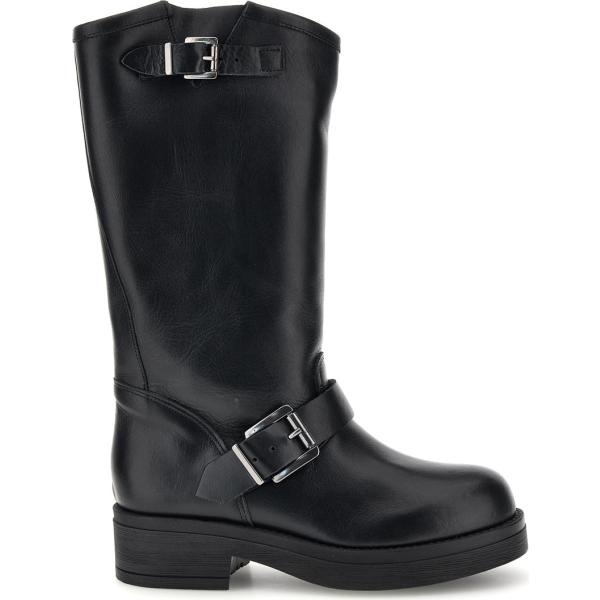 Stivali da donna biker in nero pece con tacco made in italy con fibbia Pittarello