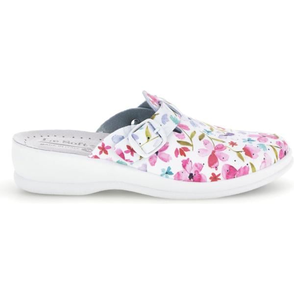 Ciabatte da donna in bianco neve a fiori con cinturino in pelle Le Soft