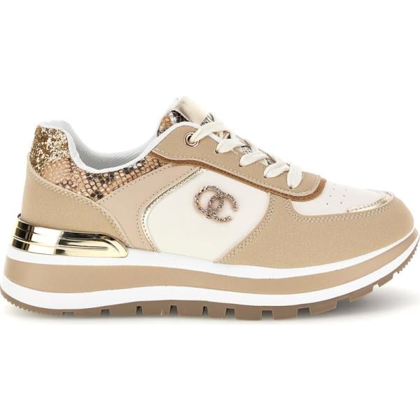 Sneakers alte da donna in beige sabbia animalier con lacci First Lady