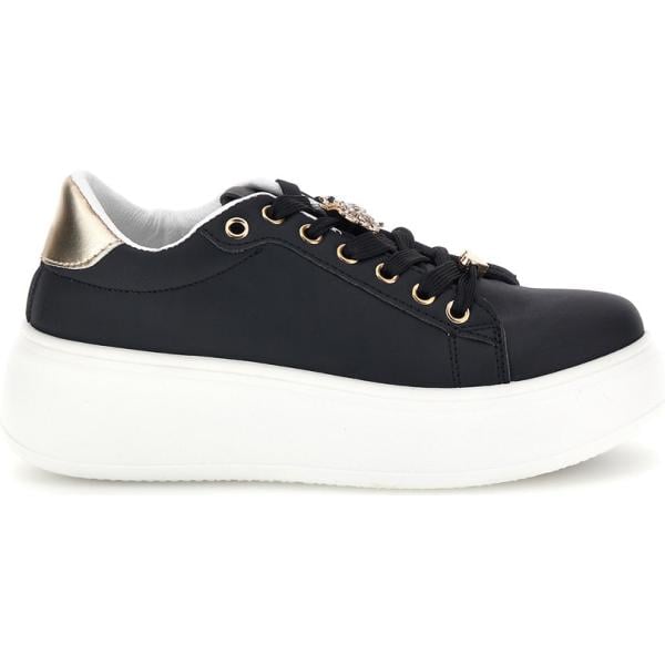 Sneakers da donna in nero pece effetto laminato con lacci First Lady