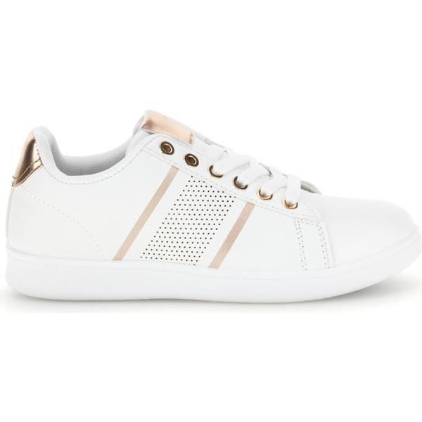 Sneakers da donna in bianco neve effetto laminato con lacci in oro The First