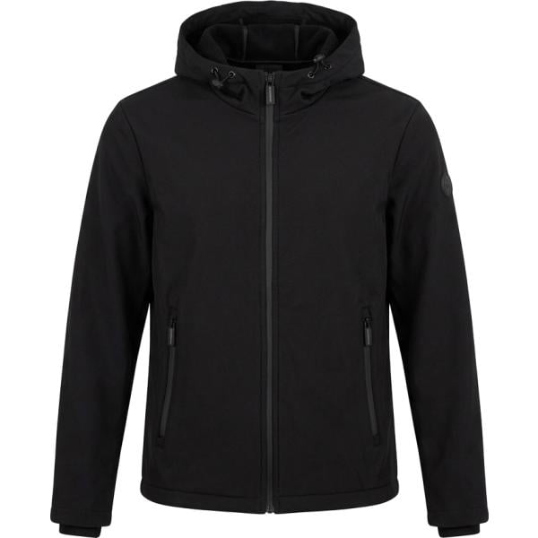 Giacca soprabito da uomo in nero pece con stampe collo con cappuccio con zip Boardman