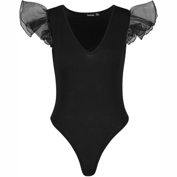 Body con volant e scollo in organza nero Boohoo nero