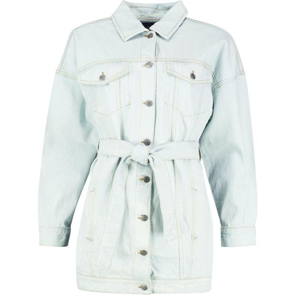 Giacca lunga in denim con cintura azzurro Boohoo blu