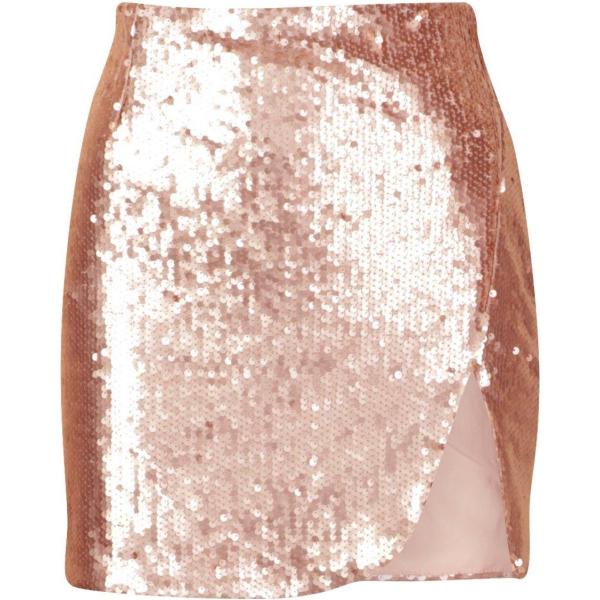 Minigonna con spacco e paillettes coordinato beige Boohoo