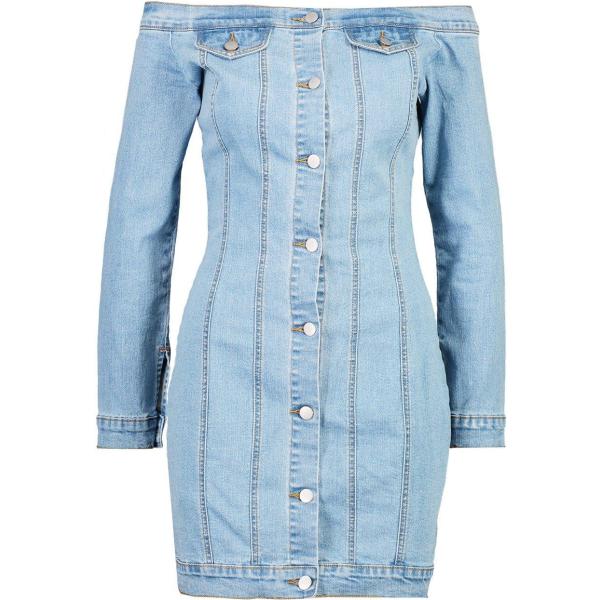 Vestito skinny premaman effetto strappato con spalle scoperte in denim con spille blu Boohoo blu