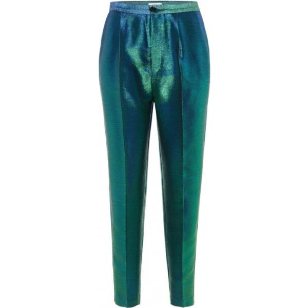Pantalone effetto metallizzato vita alta cropped con zip e tasche verde P O S T Y R