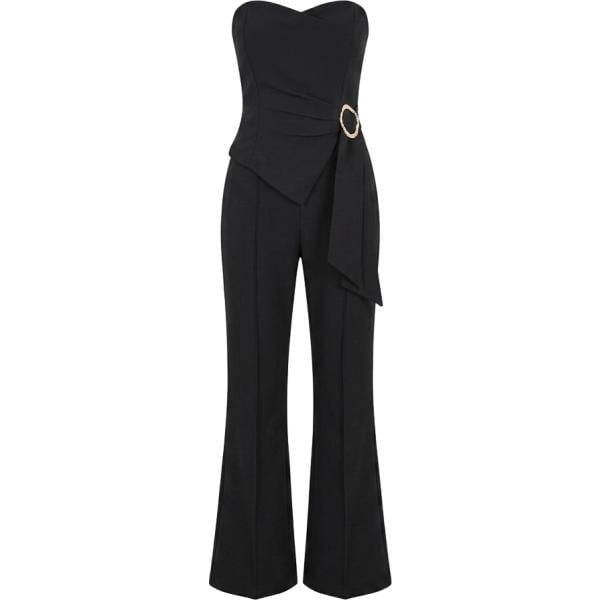 Tuta da donna con drappeggio in nero pece senza spalline made in italy con zip Rinascimento