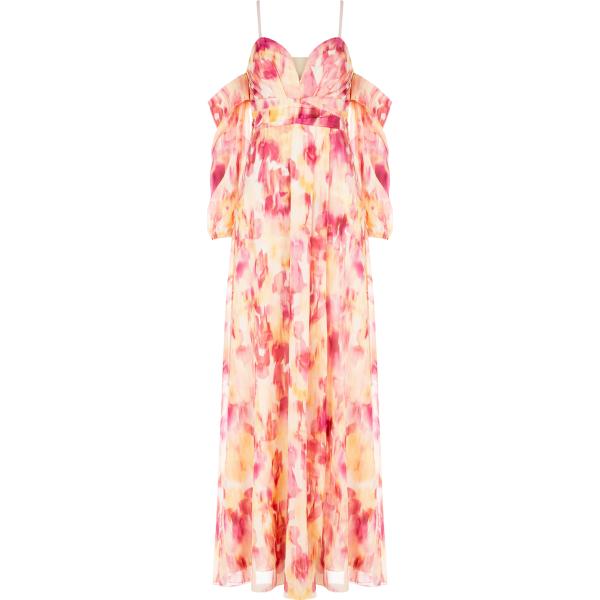 vestiti lunghi Rinascimento rosa con stampe