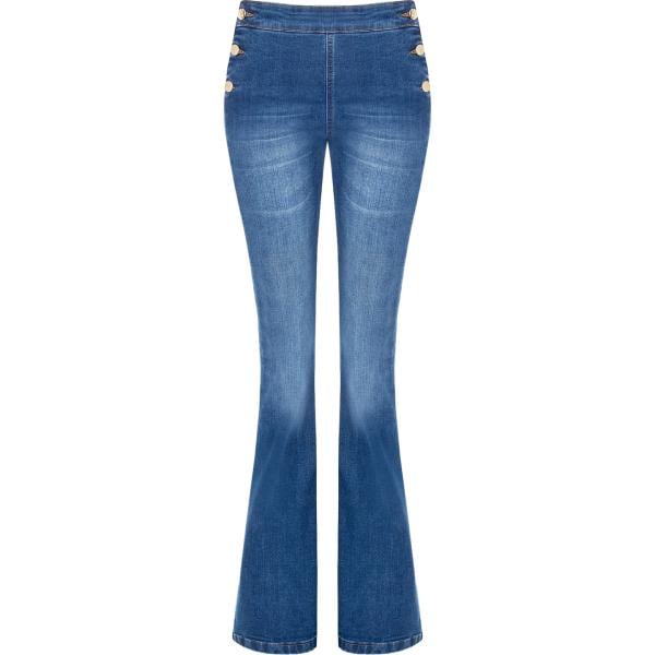 jeans a zampa da donna in azzurro intimo a vita alta con bottoni in denim Rinascimento