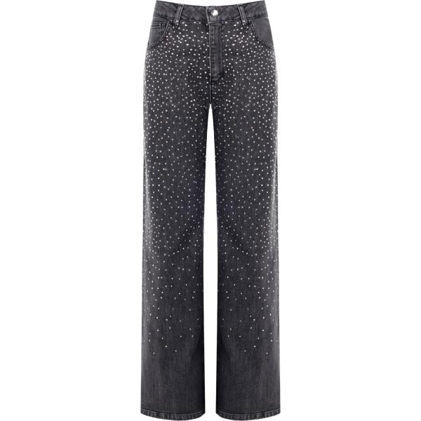 jeans da donna in grigio scuro con strass made in italy a vita media con zip in denim Rinascimento