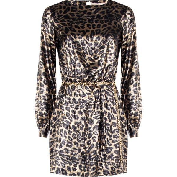 vestito corto da donna in grigio scuro animalier con scollo corto a maniche lunghe con cintura Rinascimento